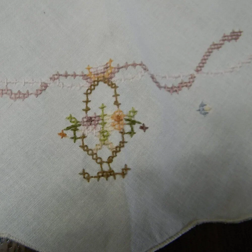 Vintage Handmade Cross Stitch Crochet Doily Tablecloth Floral Basket White Round